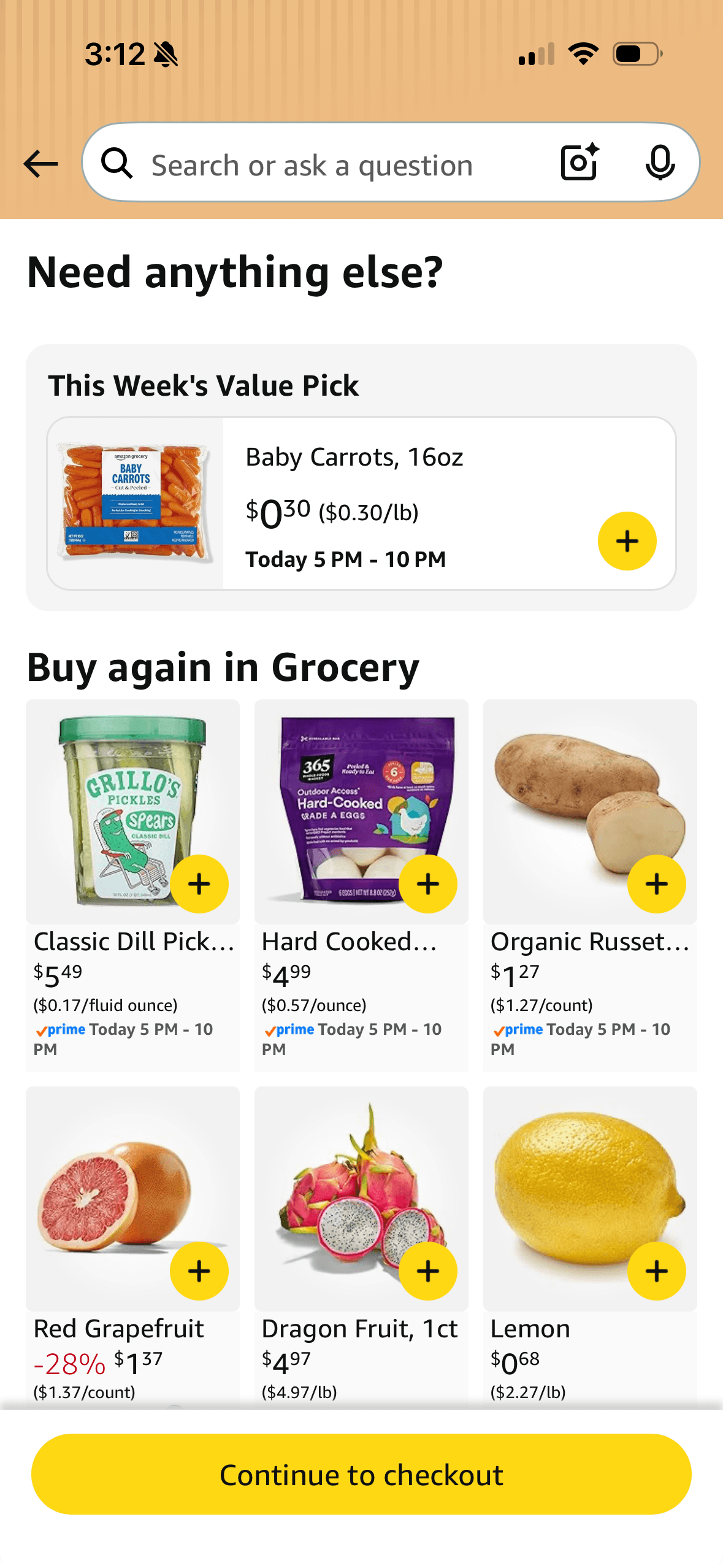 New grocery interstitial screen with Continue to checkout button