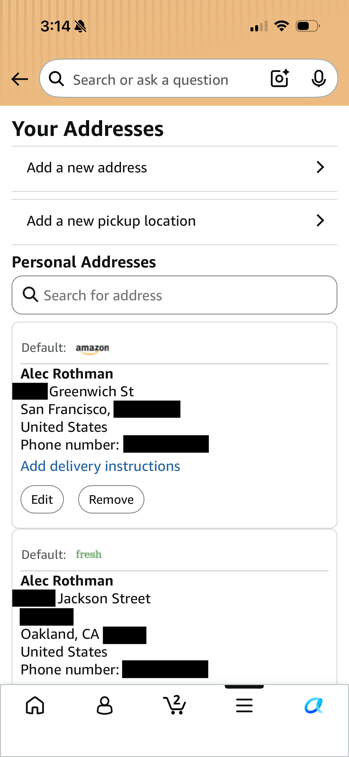 Amazon app showing Greenwich St incorrectly set as default address