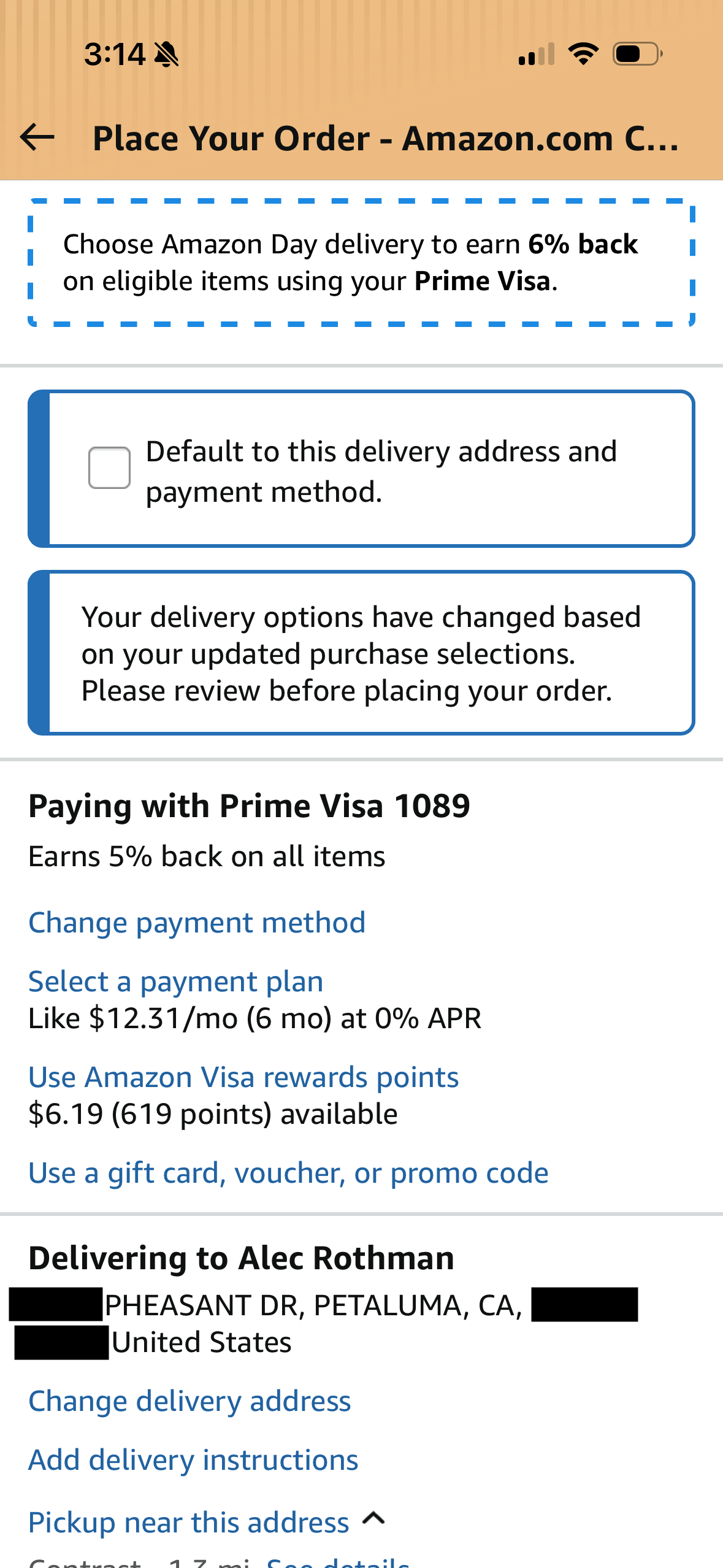 Address change prompt showing warning message that appears when user changes address